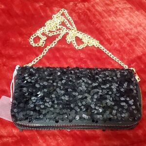 Chic Black Sequin Clutch with Gold Chain